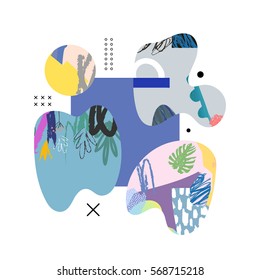 Collage creativo a la moda con diferentes texturas y formas. Arte contemporáneo. Diseño gráfico moderno.  Obra de arte inusual.Vector. 