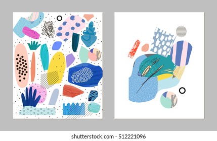 Trendy creative collages with different textures and shapes. Contemporary art. Modern graphic design.  Unusual artwork. Vector. Isolated