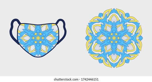 Trendy creative fashion mask illustration, abstract hand drawn mandala ornament, yellow blue white color, suitable for mask apparel, social media promotion, web banner, costum clothing design