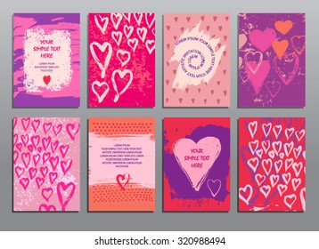 Trendy creative hand drawn cards collection.  Party, birthday, wedding, marriage,  Valentine's day invitation flyers. Acrylic technique. Vector templates for business cards, flyers and banners.