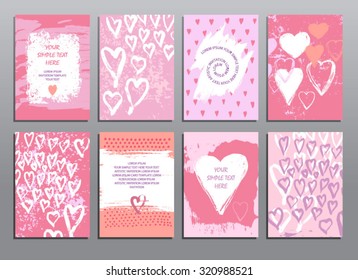 Trendy creative hand drawn cards collection.  Party, birthday, wedding, marriage,  Valentine's day invitation flyers. Acrylic technique. Vector templates for business cards, flyers and banners.