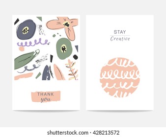 Trendy creative hand drawn cards collection with bright colors, shapes and textures. Vector templates for birthday cards, invitations flyers and banners.