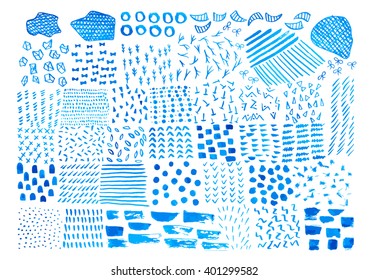 Trendy creative hand drawn collection textures. Artistic collection of design elements: dots, branch, birds, wavy lines, abstract backgrounds, patterns made with ink. Grunge hand drawing textures.