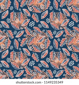 Trendy creative hand drawn leaves, cloud, and foliage for autumn batik pattern with hipster pastel colors