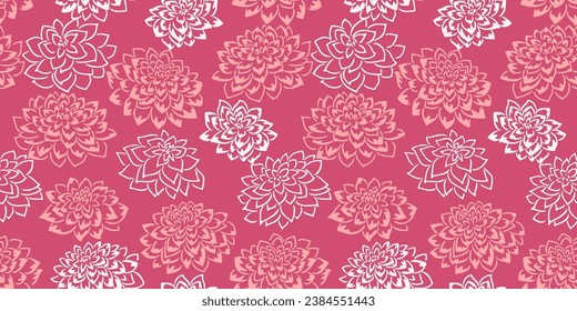 Trendy creative line art flowers peonies dahlia seamless pattern. Hand drawn vector doodle pattern. Hot pink floral print. Template for design, textile, fashion, print, surface design, fabric