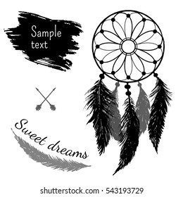 Trendy creative printable card with hand drawn feathers in bohemian style with words Sweet dreams. Valentine's day, Wedding, Birthday. Minimal label design for banner, poster, flyer.
