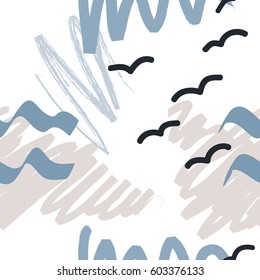 Trendy creative seamless pattern with hand drawn grunge texture. Abstract shapes and brush strokes in grey, black and blue. For modern and original textile, fabric, wrapping paper, wall art. Vector