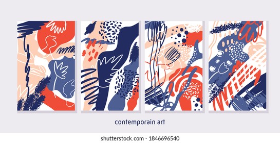 Trendy creative set banner of collage contemporain style with different textures and shapes. Modern graphic design. Unusual artwork. Vector. Isolated