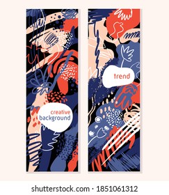 Trendy creative set banner of collage contemporain style with different textures and shapes. Modern graphic design. Unusual artwork. Vector vertical orientation.