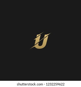Trendy creative stylish sliced U black and golden color initial based letter icon logo
