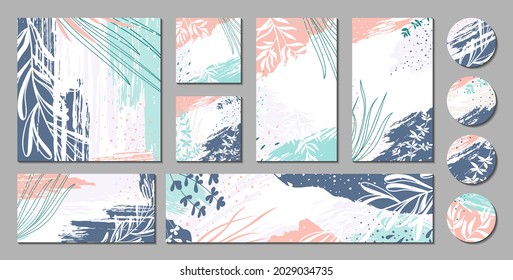 Trendy creative templates for social media posts, stories, banners, branding design, covers. Vector botanical backgrounds with paint textures, graphic elements, plants, leaves. Modern floral set. 