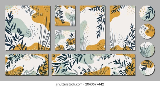 Trendy creative templates for social media posts, stories, banners, branding design, covers. Modern vector illustrations with organic shapes, plants, graphic elements for holiday, business. 