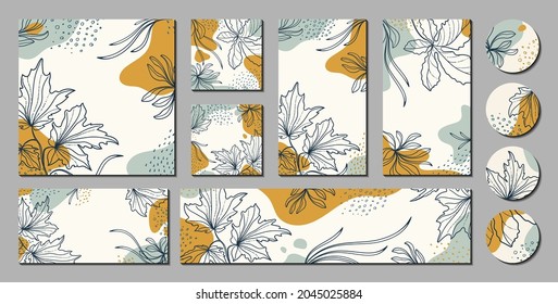Trendy creative templates for social media posts, stories, banners, branding design, covers. Modern vector illustrations with organic shapes, plants, graphic elements for holiday, business.