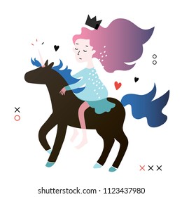 Trendy creative Vector illustration. The Princess with colored hair on a black Unicorn. Modern graphic design. Collage. Design for poster, header, card, invitation, cover, placard, brochure, flyer.