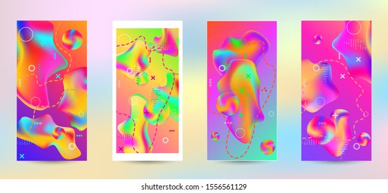Trendy creative vector space gradient. A set of modern abstract covers. A bright smooth grid is blurred by a futuristic pattern in pink, blue, green, yellow, purple.