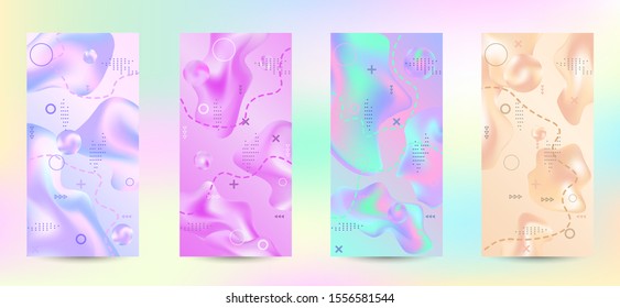 Trendy creative vector space gradient. A set of modern abstract covers. A bright smooth grid is blurred by a futuristic pattern in pink, blue, green, yellow, purple.