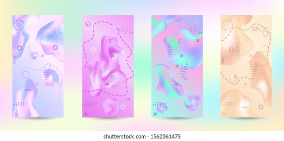 Trendy creative vector space gradient. A set of modern abstract covers. A bright smooth grid is blurred by a futuristic pattern in pink, blue, green, yellow, purple.