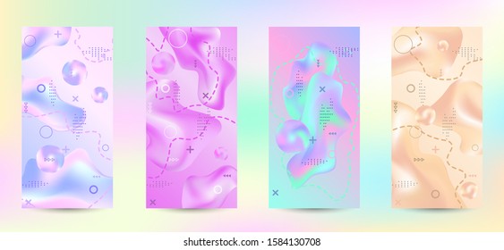 Trendy creative vector space gradient. A set of modern abstract covers. A bright smooth grid is blurred by a futuristic pattern in pink, blue, green, yellow, purple.