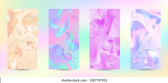 Trendy creative vector space gradient. A set of modern abstract covers. A bright smooth grid is blurred by a futuristic pattern in pink, blue, green, yellow, purple.