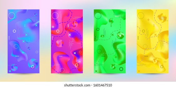 Trendy creative vector space gradient. A set of modern abstract covers. A bright smooth grid is blurred by a futuristic pattern in pink, blue, green, yellow, purple.