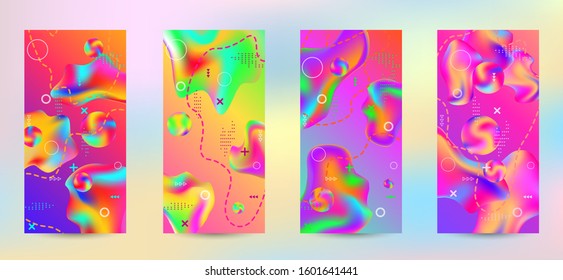 Trendy creative vector space gradient. A set of modern abstract covers. A bright smooth grid is blurred by a futuristic pattern in pink, blue, green, yellow, purple.