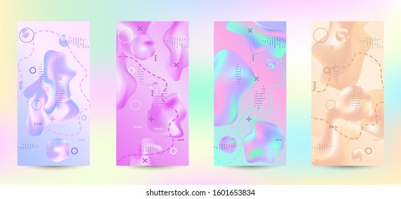 Trendy creative vector space gradient. A set of modern abstract covers. A bright smooth grid is blurred by a futuristic pattern in pink, blue, green, yellow, purple.