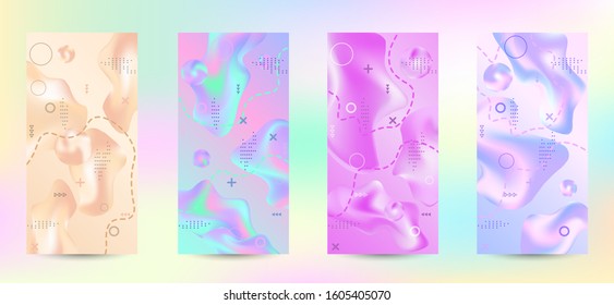 Trendy creative vector space gradient. A set of modern abstract covers. A bright smooth grid is blurred by a futuristic pattern in pink, blue, green, yellow, purple.