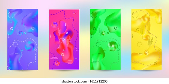 Trendy creative vector space gradient. A set of modern abstract covers. A bright smooth grid is blurred by a futuristic pattern in pink, blue, green, yellow, purple.