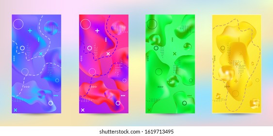 Trendy creative vector space gradient. A set of modern abstract covers. A bright smooth grid is blurred by a futuristic pattern in pink, blue, green, yellow, purple.