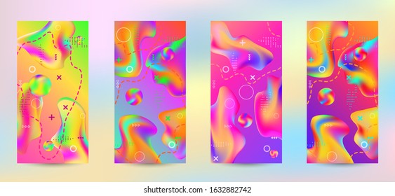 Trendy creative vector space gradient. A set of modern abstract covers. A bright smooth grid is blurred by a futuristic pattern in pink, blue, green, yellow, purple.