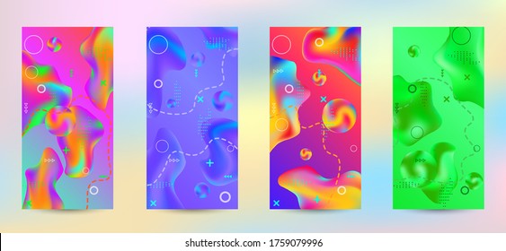 Trendy creative vector space gradient. A set of modern abstract covers. A bright smooth grid is blurred by a futuristic pattern in pink, blue, green, yellow, purple.