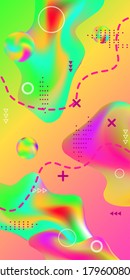 Trendy creative vector space gradient. Abstract vector cover.  A bright smooth grid is blurred by a futuristic liquid pattern in pink, blue, green, yellow, purple.