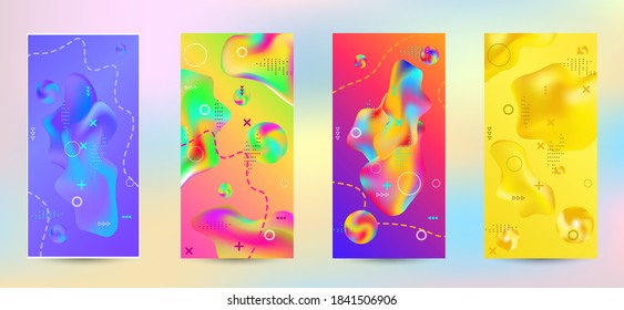 Trendy creative vector space gradient. A set of modern abstract covers. A bright smooth grid is blurred by a futuristic pattern in pink, blue, green, yellow, purple.