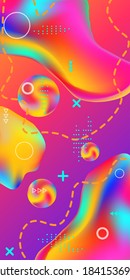 Trendy creative vector space gradient. Abstract vector cover.  A bright smooth grid is blurred by a futuristic pattern in pink, blue, green, yellow, purple.