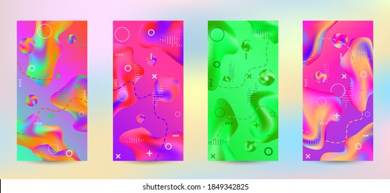 Trendy creative vector space gradient. A set of modern abstract covers. A bright smooth grid is blurred by a futuristic pattern in pink, blue, green, yellow, purple.