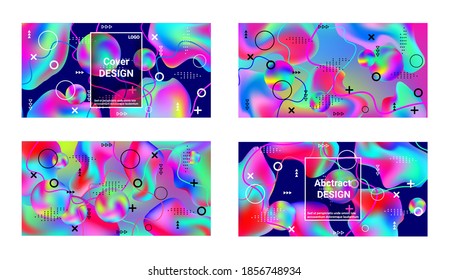 Trendy creative vector space gradient. A set of modern abstract covers. A bright smooth grid is blurred by a futuristic pattern in pink, blue, green, yellow, purple.