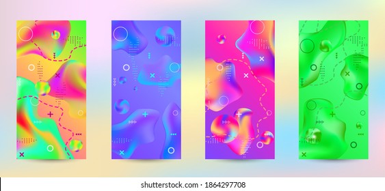 Trendy creative vector space gradient. A set of modern abstract covers. A bright smooth grid is blurred by a futuristic pattern in pink, blue, green, yellow, purple.