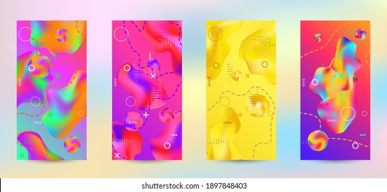 Trendy creative vector space gradient. A set of modern abstract covers. A bright smooth grid is blurred by a futuristic pattern in pink, blue, green, yellow, purple.