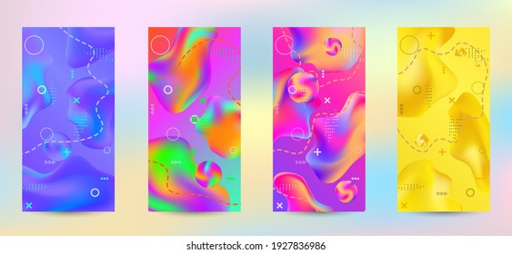Trendy creative vector space gradient. A set of modern abstract covers. A bright smooth grid is blurred by a futuristic pattern in pink, blue, green, yellow, purple.