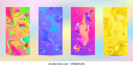 Trendy creative vector space gradient. A set of modern abstract covers. A bright smooth grid is blurred by a futuristic pattern in pink, blue, green, yellow, purple.