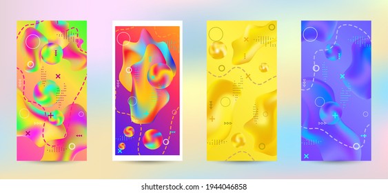 Trendy creative vector space gradient. A set of modern abstract covers. A bright smooth grid is blurred by a futuristic pattern in pink, blue, green, yellow, purple.