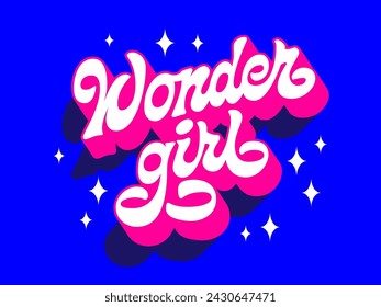 Trendy creative vector typography design, Wonder girl. Feminism-themed inscription. Modern inspirational script lettering in vivid blue and pink colors in 60-70s style with 3D effect and long shadows