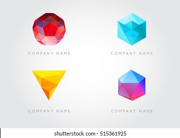 Trendy Crystal Triangulated Gem Logo Elements. Perfect for Business. Geometric Low Polygon Style. Visual Identity Vector Set Collection.