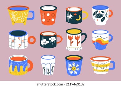 Trendy cups. Beautiful tea and coffee mugs, color patterned crockery, cute hot morning drinks ceramics, different designs cozy tableware, trendy colors, vector cartoon flat isolated set