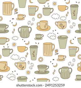 Trendy cups pattern. Coffee and tea mugs in scandinavian style. Colorful porcelain vector illustration. Print drink mug, cup coffee tea, bowl of matcha.