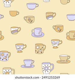 Trendy cups pattern. Coffee and tea mugs in scandinavian style. Colorful porcelain vector illustration. Print drink mug, cup of tea, bowl of coffee.