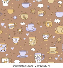 Trendy cups pattern. Coffee and tea mugs in scandinavian style. Colorful porcelain vector illustration. Print drink mug, cup of tea, bowl of coffee.