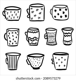 Trendy cups.Hand drawn coffee and tea mugs in doodle style. Side view of mug with simple geometric patterns. Outline isolated vector set of tableware,cup coffee and tea,logo design or web icon.