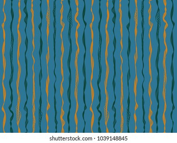 Trendy curved stripes vertical lines vector shirt pattern. Thin intersecting and parallel bent lines, curve wavy ribbons clothing textile.  Wavy stripes ripple fabric texture blue brown fashion art.