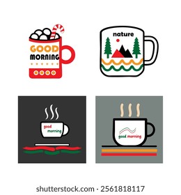 A trendy customized mug vector icon featuring "Good Morning" text on the back. Perfect for designs with minimalistic, retro, holiday, or nature-inspired themes.